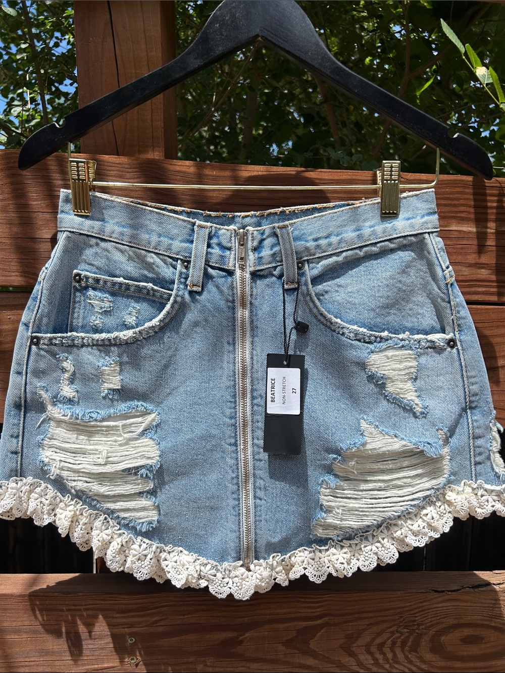 Carmar Light Blue Denim Mini Skirt with Lace Hem